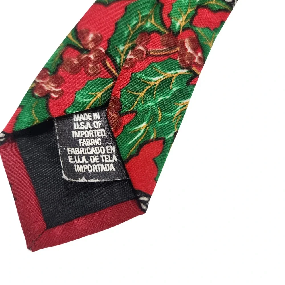Vintage Hallmark Yule Tie Greetings Christmas Holly Candy Cane Red Silk Tie USA